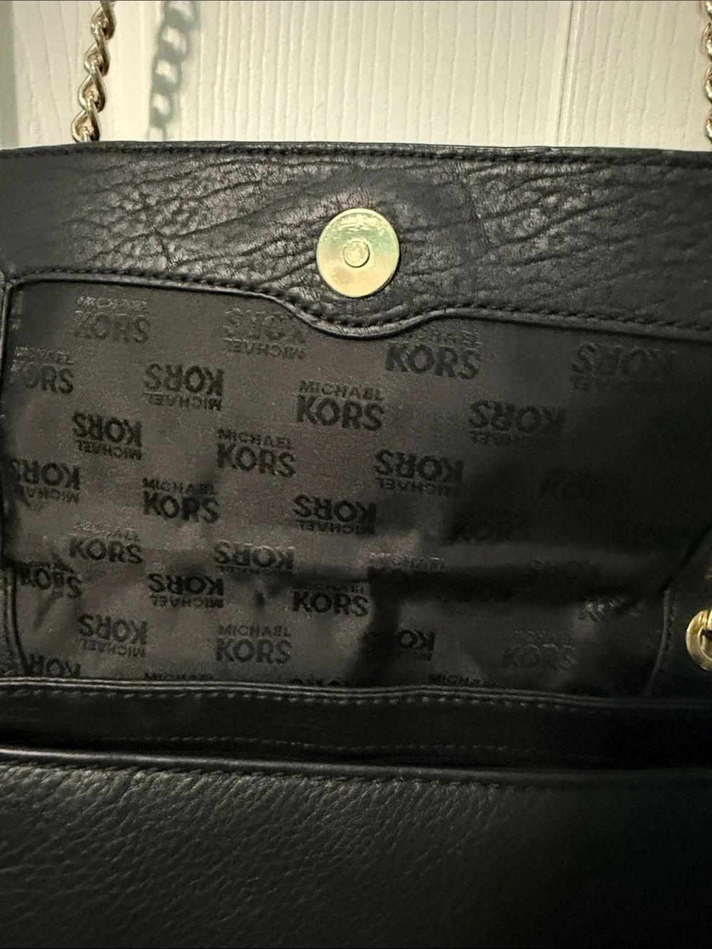 Michael Kors Black Leather Shoulder Bag with Gold MK Emblem